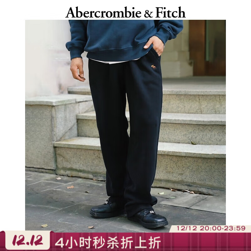 Abercrombie &amp; Fitch小麋鹿图案美式保暖抓绒直筒卫裤长裤25秋冬新款男装134-5142 黑色 M (180/80A) 偏大偏长，建议小一码