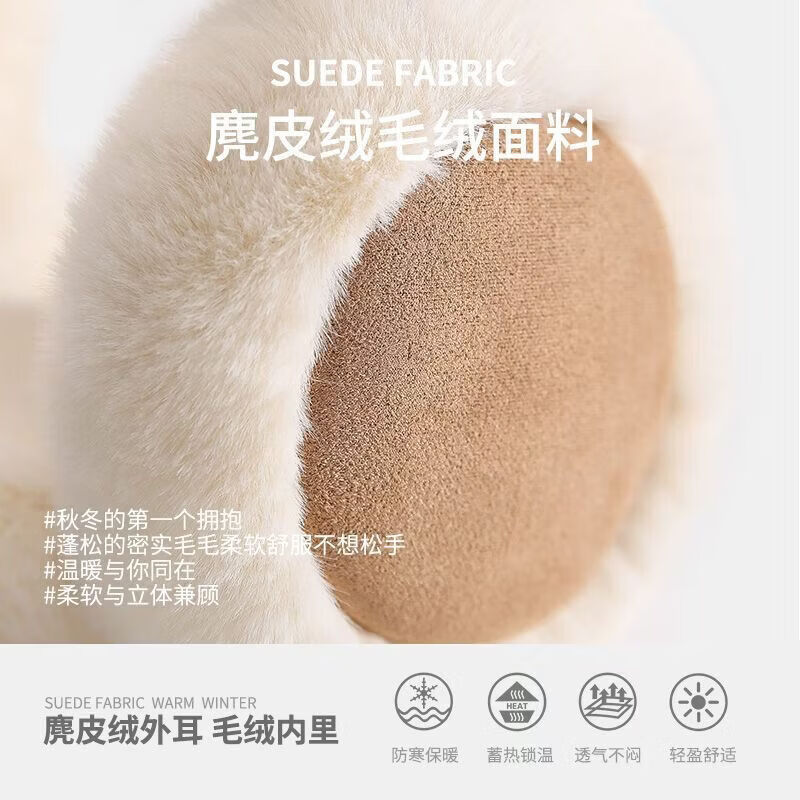 洋臣麂皮绒毛绒耳罩女冬季韩版加绒保暖耳套骑行防寒耳暖防冻耳捂子 【拼色耳罩】-卡其色*1个
