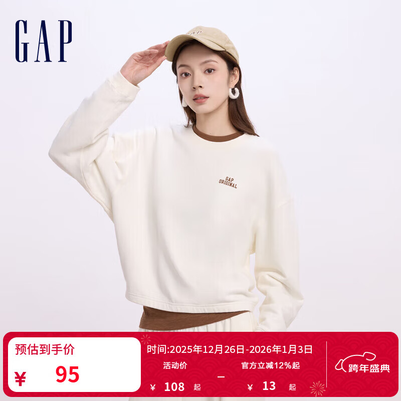 GAP女装字母logo长袖卫衣简约百搭女友T上衣640250 米白色 170/88A(L) 亚洲尺码