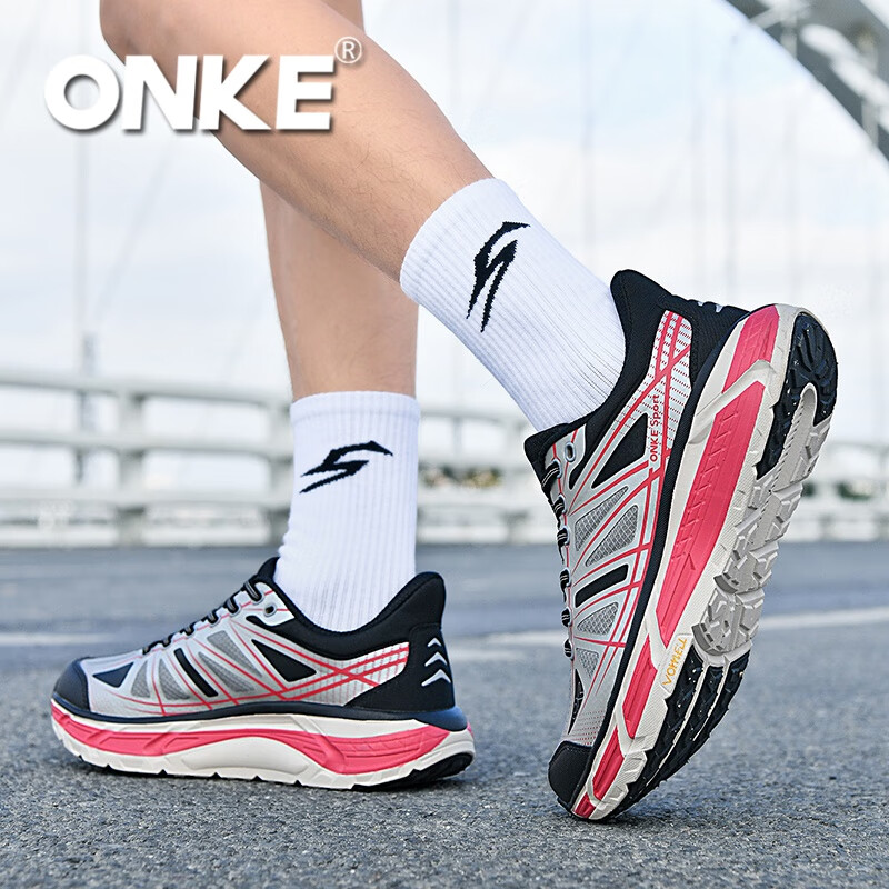 ONKE跑步鞋女春季新款轻便透气防滑减震男女鞋厚底增高耐磨运动跑步鞋 勃垦第红 38