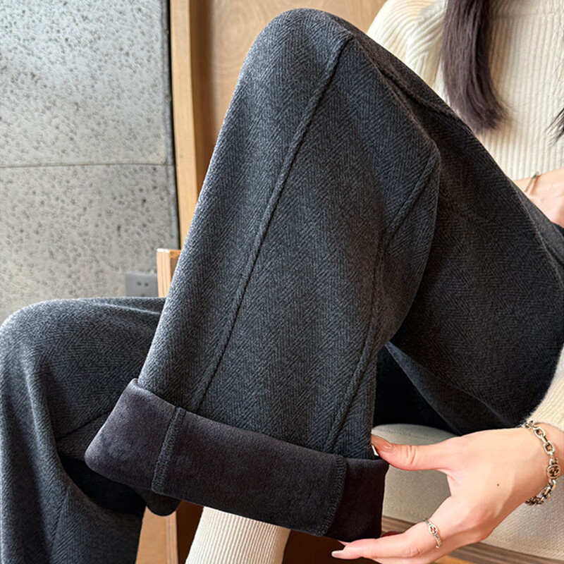 翊尚美毛呢休闲裤女秋冬新款羊毛弯刀加绒裤人字纹加厚直筒垂感阔腿裤女 深灰色 【毛呢羊毛抗起球】 L 【推荐105-115斤】