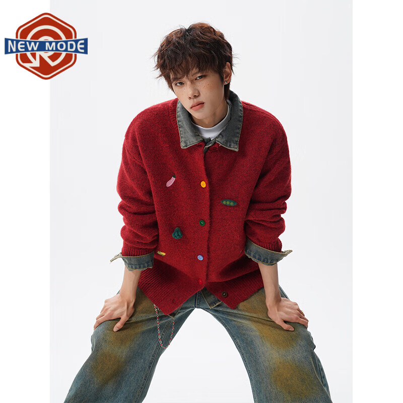 NEW OR MODE重磅刺绣针织开衫毛衣男女冬季新款加厚保暖宽松情侣慵懒休闲上衣 酒红 3XL 【建议155-180斤】