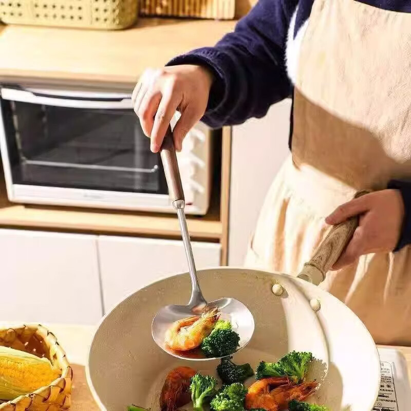 皓井不锈钢炒勺蘑菇铲胡桃木手柄家用锅铲炒菜铲子短柄炒勺 大号【34.5cm长】
