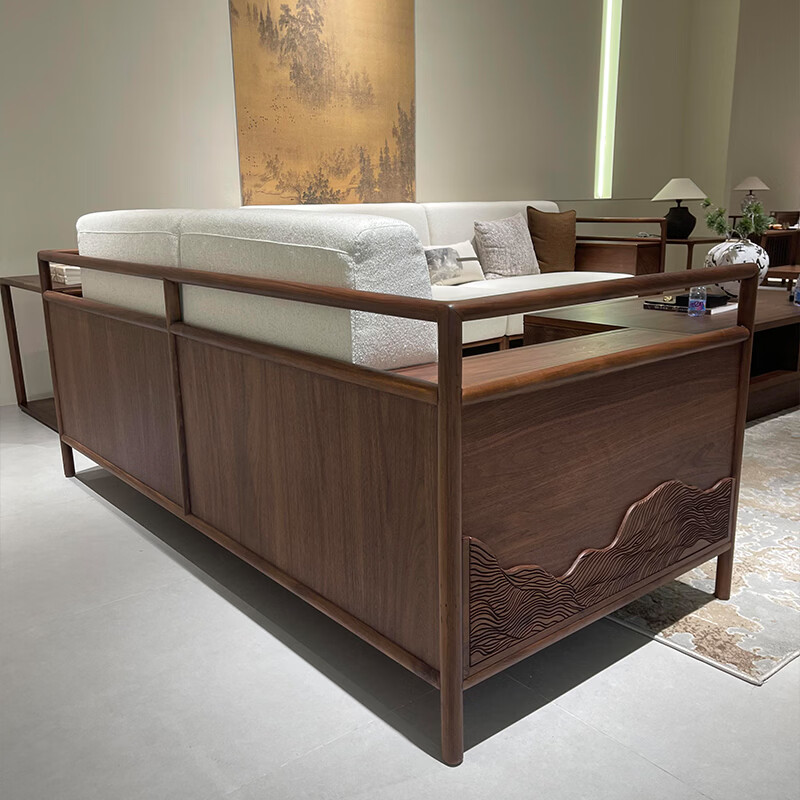 新中式黑胡桃木客厅沙发高端实木布艺沙发设计感小户型客厅三人位 定制联系客服