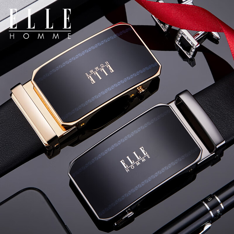 ELLE HOMME法国男士皮带男头层牛皮男士腰带真皮自动扣圣诞礼物送男友老公 【专柜礼盒】902079A金色/细纹带身 110cm -130默认随机(可修剪)