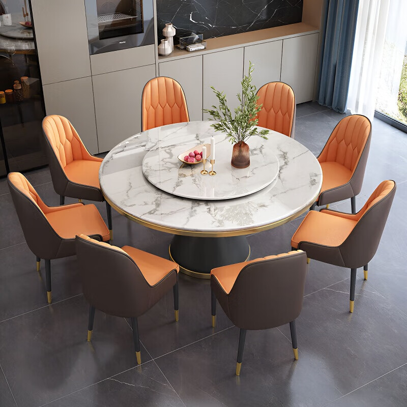 梵森荣2026新款轻奢岩板餐桌椅组合家用酒店大圆桌小户型带转盘吃饭桌子 12mm加厚岩板 1.5m  单圆桌+8椅【送转盘】