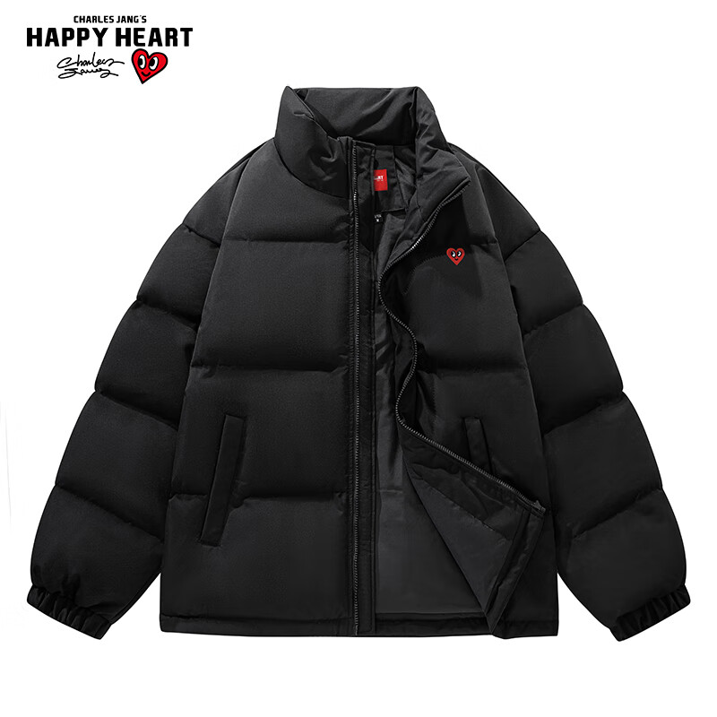 查尔斯桃心【明星同款】冬季保暖立领羽绒服男女新款加厚防寒情侣外套 黑色 2XL