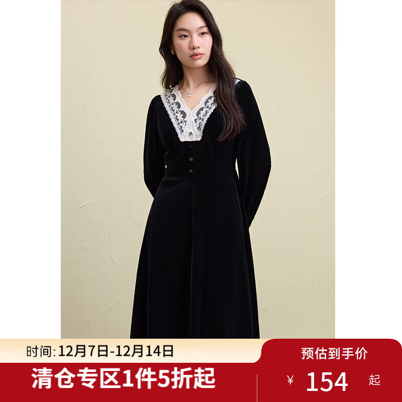 独束大码女装法式复古蕾丝花边V领赫本连衣裙2024冬季新品裙子 赫本黑 M (尺码：1) (尺码：1)