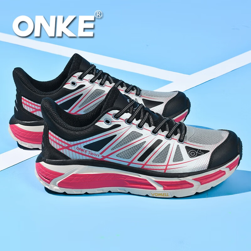 ONKE跑步鞋女春季新款轻便透气防滑减震男女鞋厚底增高耐磨运动跑步鞋 勃垦第红 38