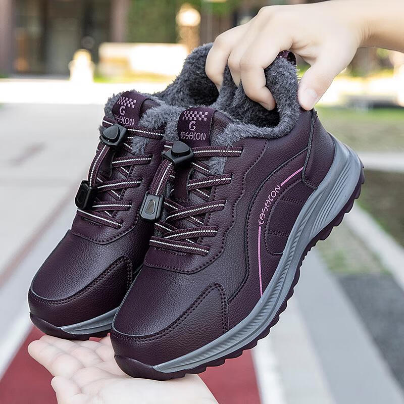 足力健大师舒适老人鞋女中老年新款休闲防滑冬季加绒保暖防滑轻便健步女棉鞋 3313紫色加绒女款 加绒 37