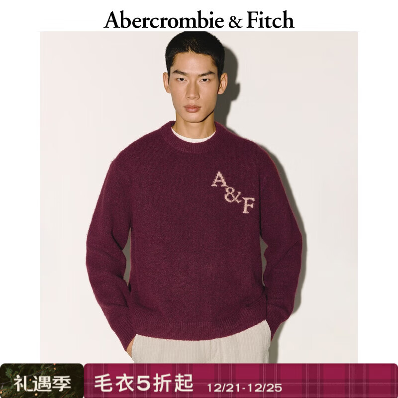 Abercrombie &amp; Fitch【经典LOGO】美式绒感保暖毛衣针织衫25秋冬男装120-5181圣诞 酒红色 XS (170/84A)