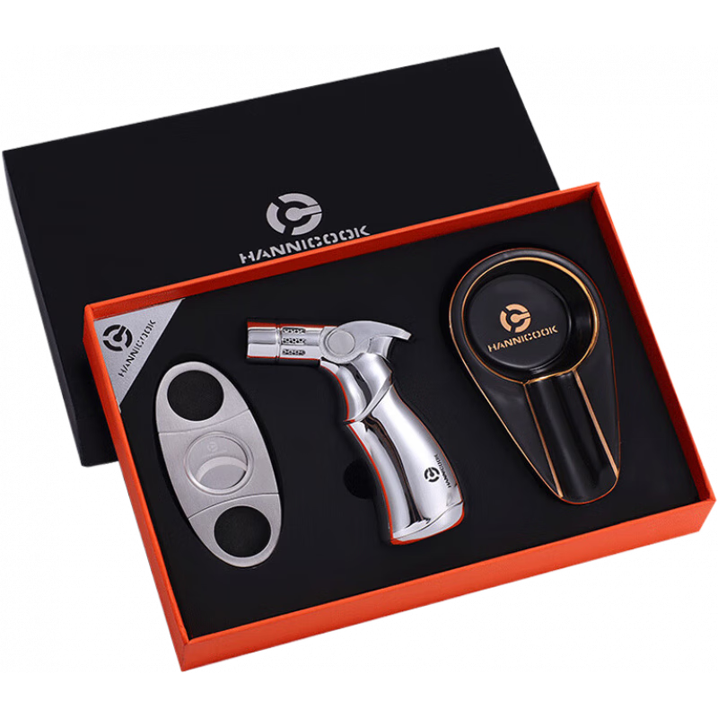 漢尼庫克雪茄打火機(jī)三件套裝工具 雪茄剪刀煙缸專用配件 入門三件套銀色帶氣