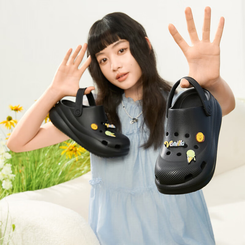 361°圣代小刘鸭联名女生洞洞鞋户外运动凉鞋沙滩鞋休闲鞋运动凉拖鞋 曜石黑 38