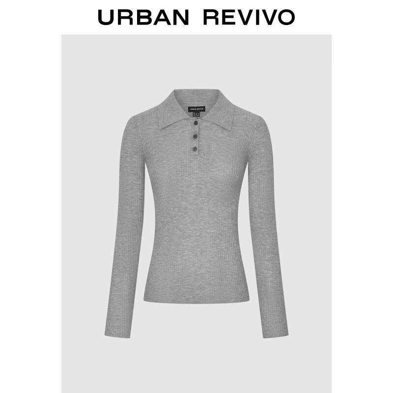UR2025冬季新款女装气质简约翻领半开襟坑条针织衫UWM950148+