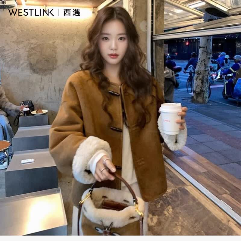 西遇（Westlink）两面穿麂皮绒外套女2025年冬季新款巴恩风牛角扣咖色短款夹克 咖色 S (155)