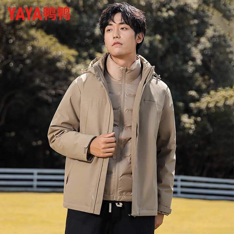 鸭鸭（YAYA）鹅绒羽绒服男短款厚款连帽中青年保暖冬季百搭一衣多穿休闲外套 卡其色 L 175(建议120-135斤)