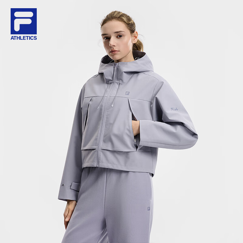 FILA 斐乐官方女士梭织外套2026春新款健身运动简约宽松连帽上衣 新瓦灰-GY M 165/84A/M
