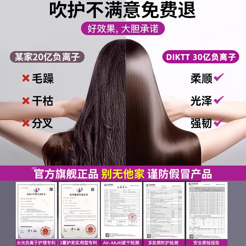 DIKTT【德国品牌】吹风机家用轻音负离子大功率不伤发电吹风女生专用家用正品不伤发轻音秒干护发吹风无 【玫红色 单风嘴】30亿负离子 生日礼物礼盒装