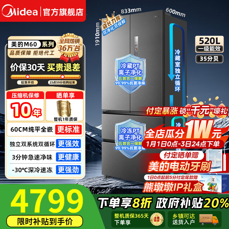 Midea/���� M60ϵ��520�� ��ʽ���� ���� BCD-520WUFPZM(E)  5332.45Ԫ(����������ҳ��۸�6665.56������10��Ԥ�ۼ�6665.56)