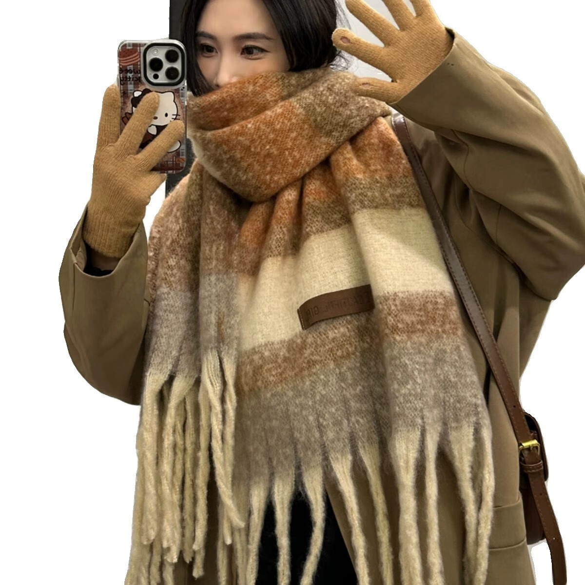 朋意情侣围巾韩系氛围感秋冬男女同款高级感加厚保暖围脖2025年新款 条纹渐变围巾【黑灰色】