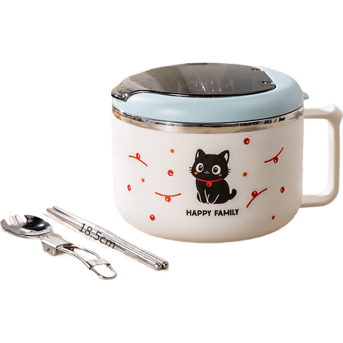 廣意不銹鋼泡面碗飯盒上班族碗宿舍用學(xué)生帶蓋帶手柄食堂打飯個人專用 大號黑貓+折疊餐具2件套