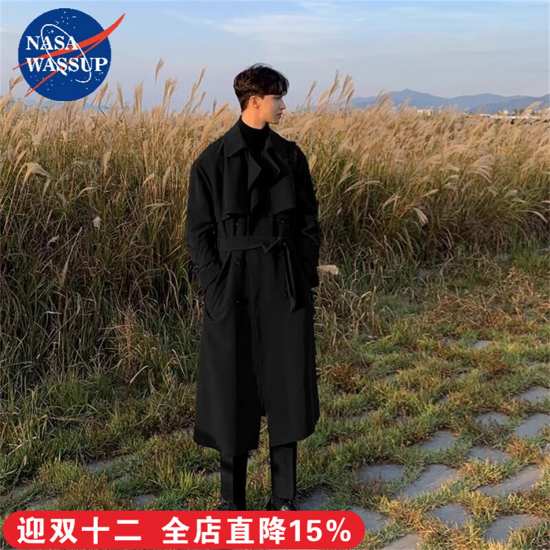 NASAWASSUP英伦风衣男秋冬季长款潮流宽松过膝大衣双排扣韩版休闲高级感外套 风衣黑【春秋款】 薄款 S