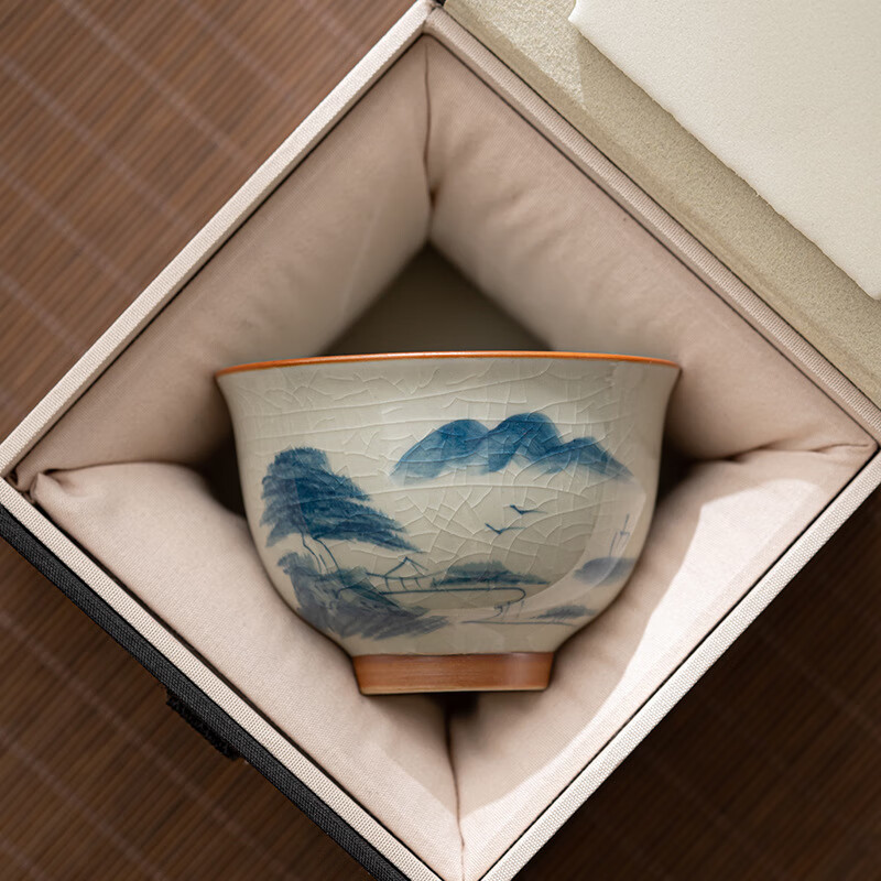 陶思想手绘哥窑茶杯功夫茶具陶瓷品茗杯家用开片釉主人杯礼盒装 哥窑手绘--碗杯【山水】礼盒装