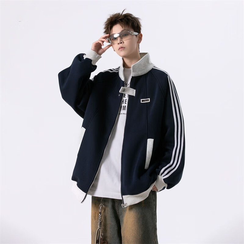 潮衫酷美式条纹外套男秋冬撞色拼接潮流宽松加肥加大码显瘦百搭休闲夹克 藏青色 常规 M (建议85-100斤)