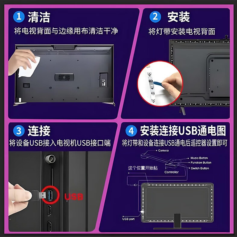 维亿曼游戏电视背景同步氛围灯带幻彩rgb同屏随屏神光同步机顶盒联动tv 适合75-86寸(USB款无需APP和机顶盒)