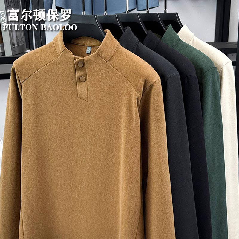 FULTON BAOLOO 富尔顿保罗男士德绒长袖t恤秋冬季保暖纯色打底衫中青年半高领百搭体恤衫潮 米色 L （建议120到140斤穿）