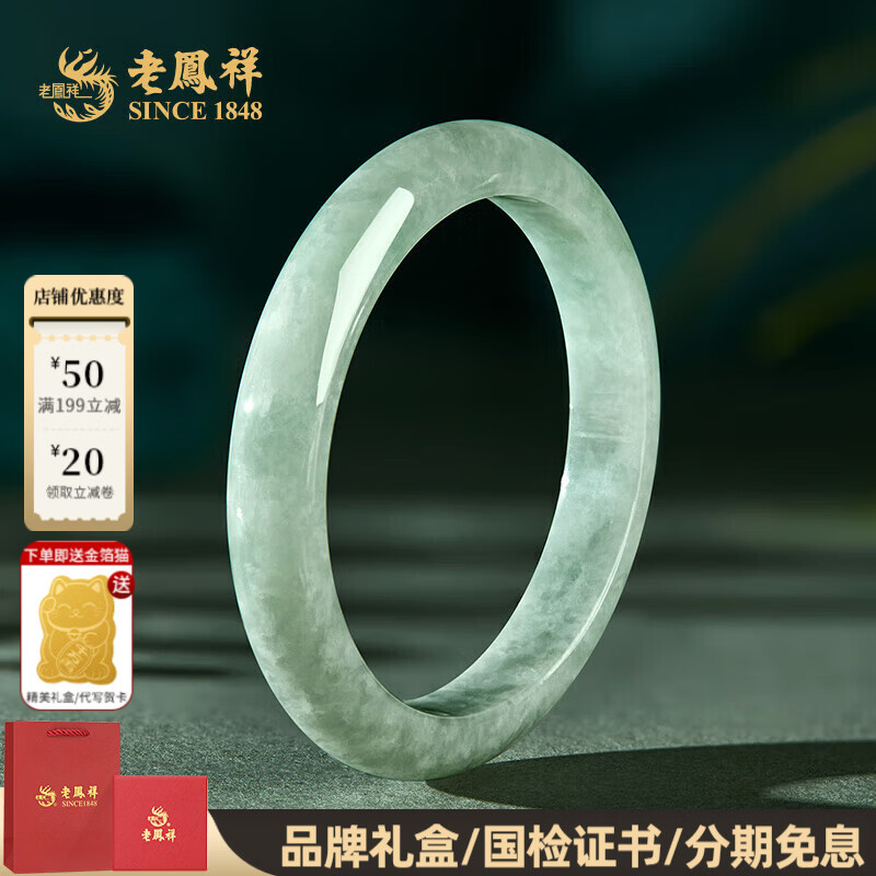 老凤祥翡翠手镯平安镯浅绿玉手镯缅甸糯种手镯送女友老婆翡翠新年礼物 60圈口翡翠手镯