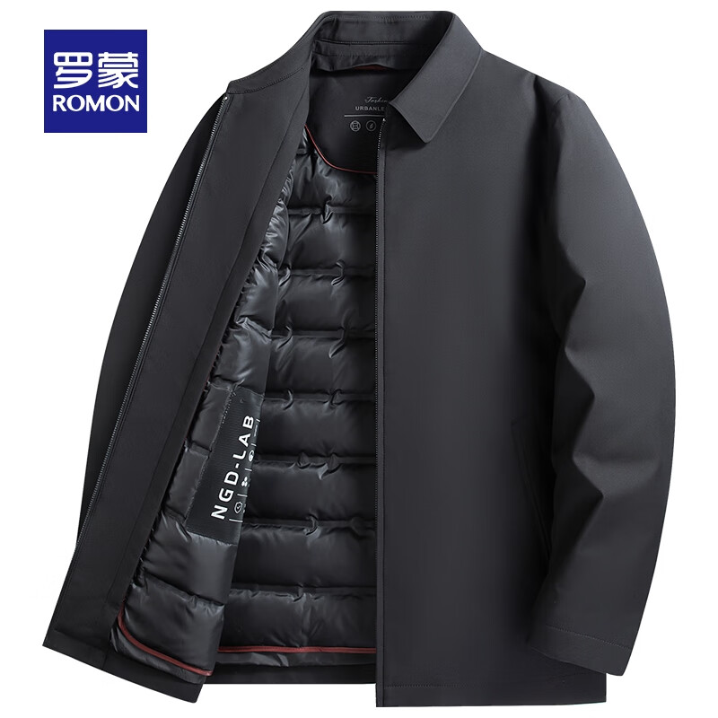 罗蒙鹅绒羽绒服男冬季中老年爸爸装可拆卸内胆羽绒外套加厚保暖干部装 黑色 【可拆卸内胆】 XL (180) (建议135-150斤)