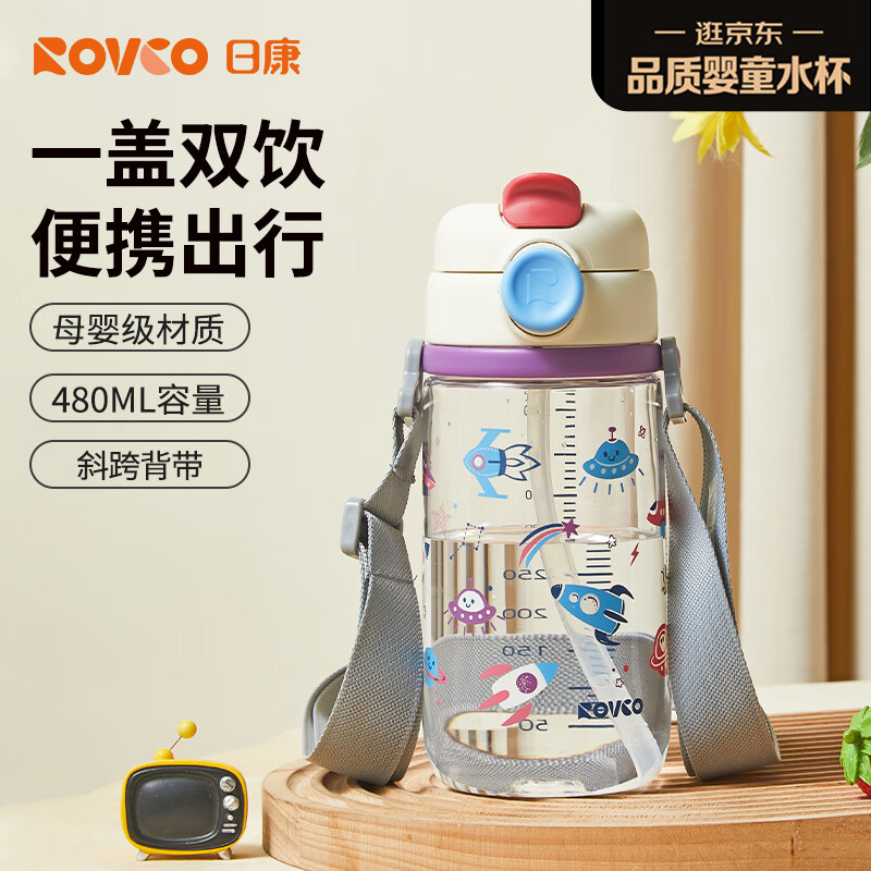 日康（rikang）水杯儿童双饮口吸管杯学生水杯便携水壶480ml B1072-2 茄皮紫