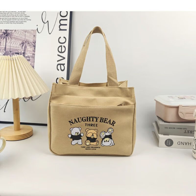 橙央【优选】新款帆布手提包帆布大容量简约上班族学生百搭饭盒妈咪上 小猫手提斜挎包