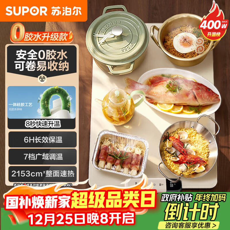 苏泊尔（SUPOR）柔性折叠暖菜板 方形60cm 饭菜保温板 7档调温 家用加热菜板 可卷多功能暖奶暖茶温酒BF6040R836D