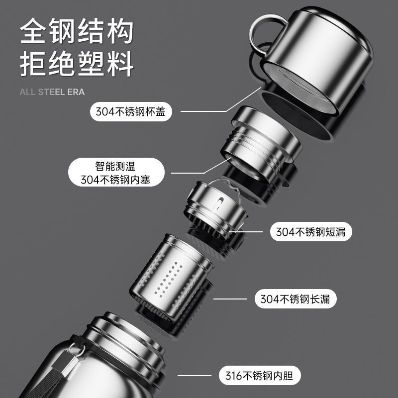 膳魔师（THERMOS）316不锈钢保温杯男款大容量户外便携水壶茶水分离男士水杯子 商务黑【智能测温+加厚杯套】 2000ml