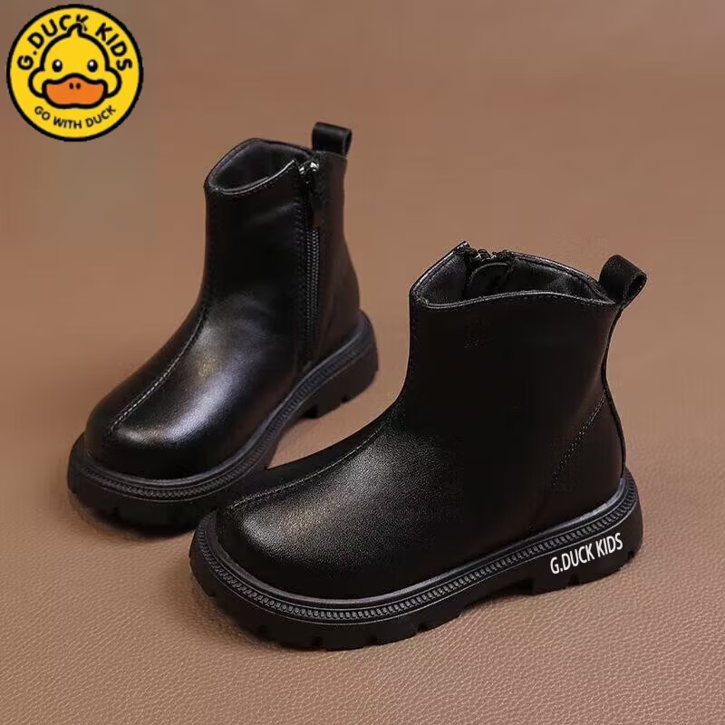 G.duck小黄鸭女童鞋子儿童马丁靴短靴子2025秋冬新款宝宝女孩公主加绒靴 黑色 加绒 28 鞋内长17.2CM 京东折扣/优惠券