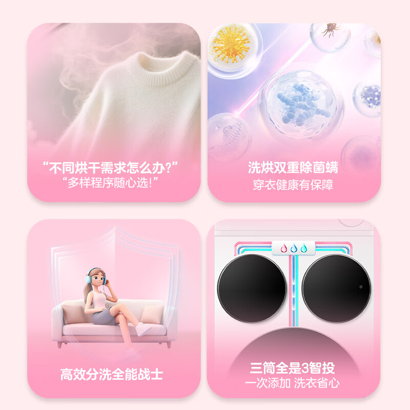 统帅(Leader)海尔智家懒人三筒洗烘套装ProMax双烘版 12.5KG 内衣裤婴儿 全自动滚筒洗衣机 家电国补 697+697