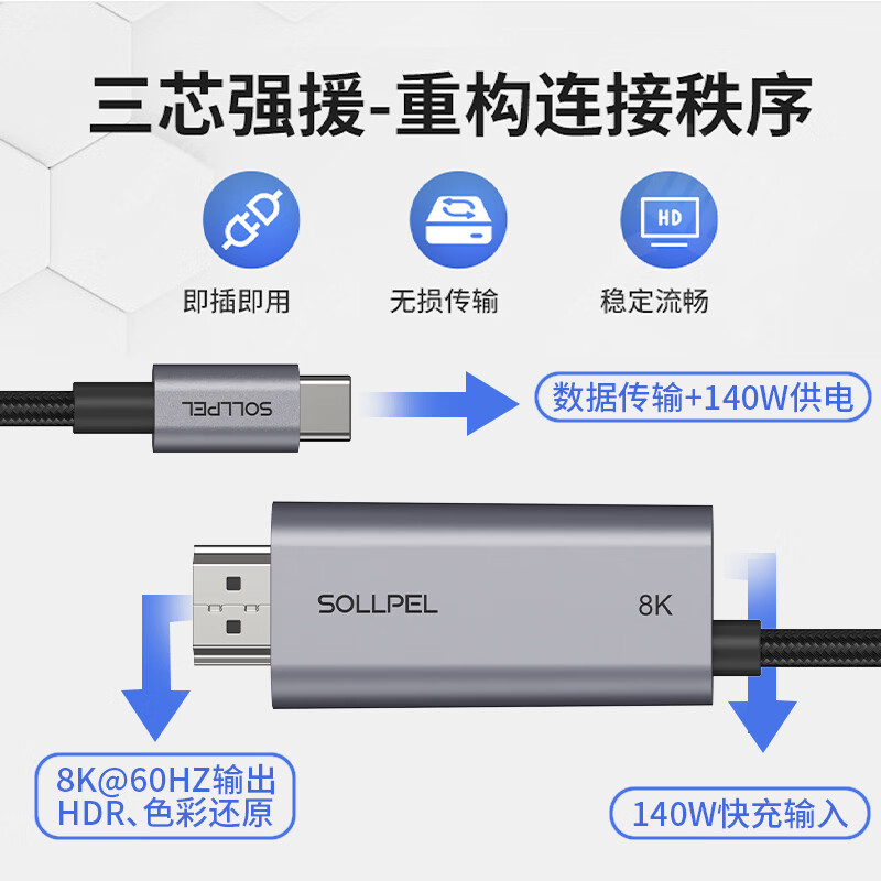 SOLLPEL8K/4K高清转接线Type-C转HDMI2.1 带快充 支持苹果Macbook 华为 联想笔记本平板 Switch2电竞144Hz 黑色