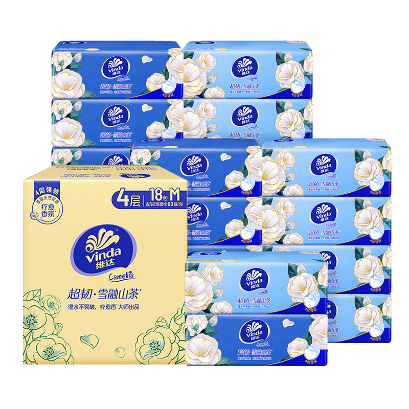 维达（Vinda）抽纸 超韧4层90抽*18包M码 雪融山茶花香 纸巾卫生纸餐巾纸整箱