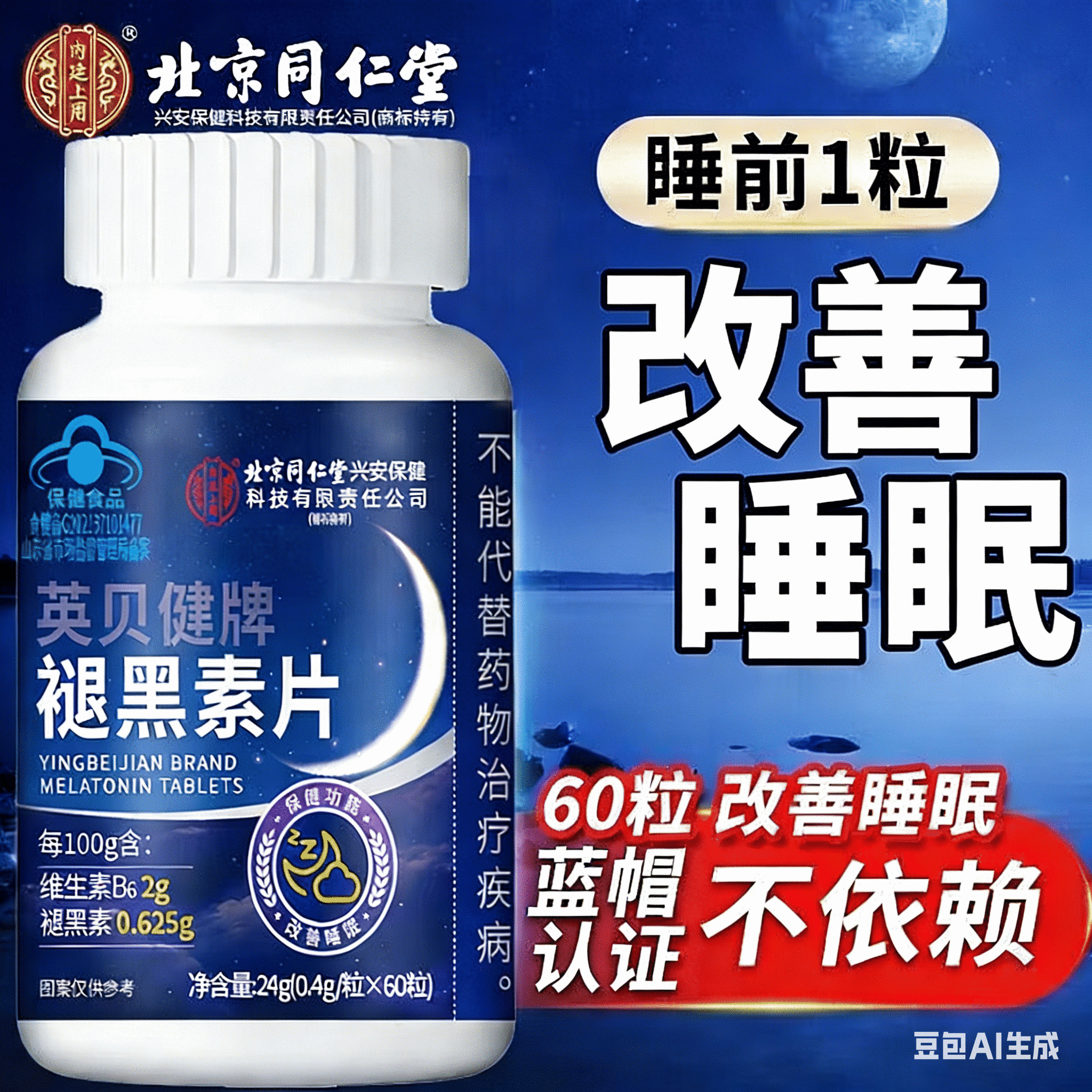 北京同仁堂褪黑素维生素B6维生素片60粒改善睡眠男女士失眠闪睡片退褪黑素片 【一盒装】60粒/盒 60粒*1盒