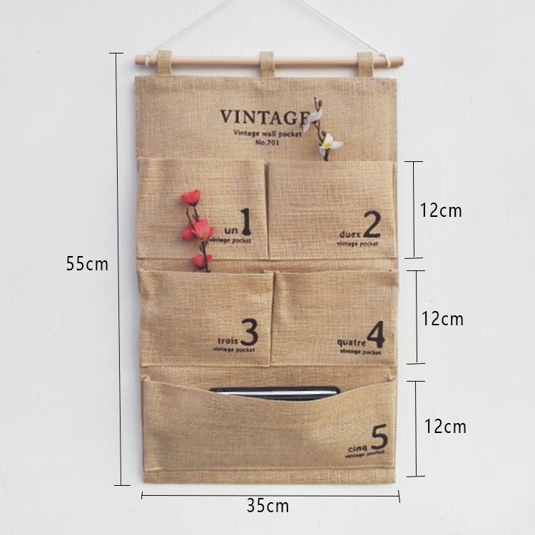 布艺多层储物袋黄麻怀旧复古收纳袋宿舍门后床头衣柜壁挂式整理袋 黄麻邮章三兜