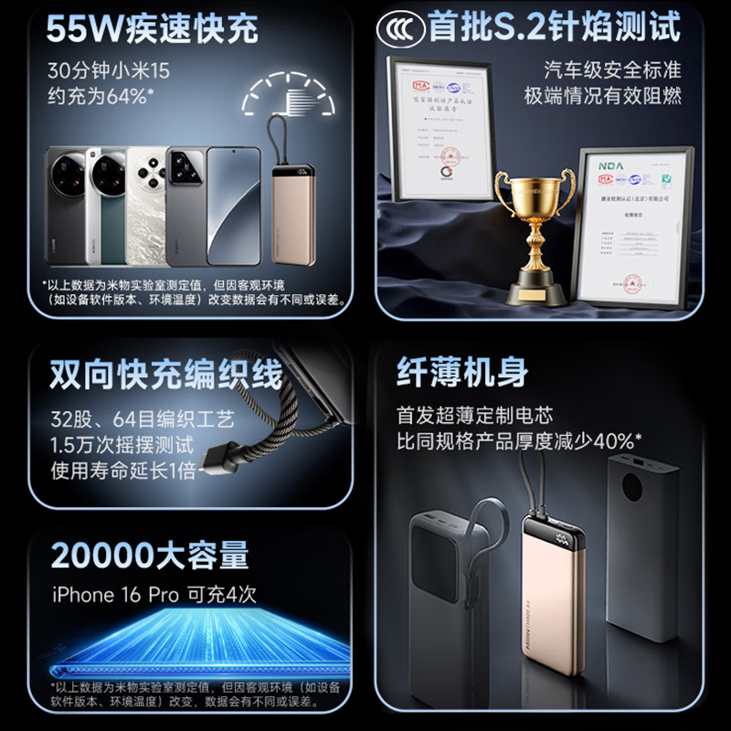 京选京东自有品牌【3C认证可上飞机】20000mAh55W快充自带线充电宝适用小米/苹果/华为粉色