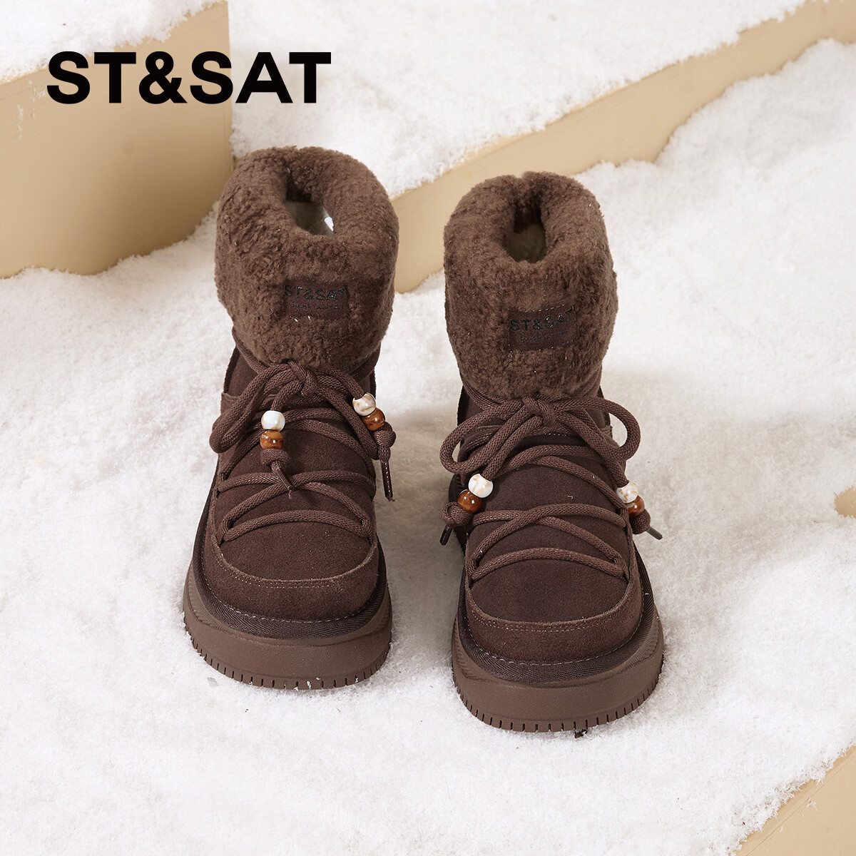 星期六厚底雪地靴女2025秋冬新款加绒加厚短靴增高面包鞋东北棉鞋 咖啡色 【牛剖层皮革＋羊毛】 35