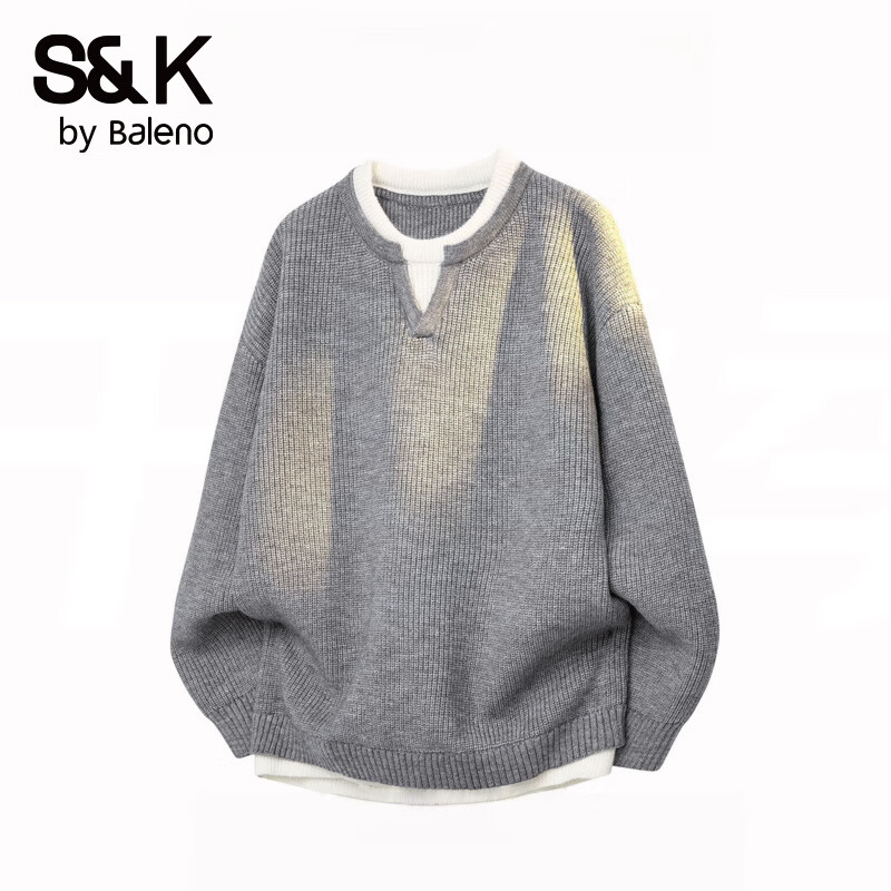 班尼路（Baleno）S&K系列日系休闲假两件针织衫男秋季套头上衣情侣百搭毛衣 精坊灰【常规】 2XL