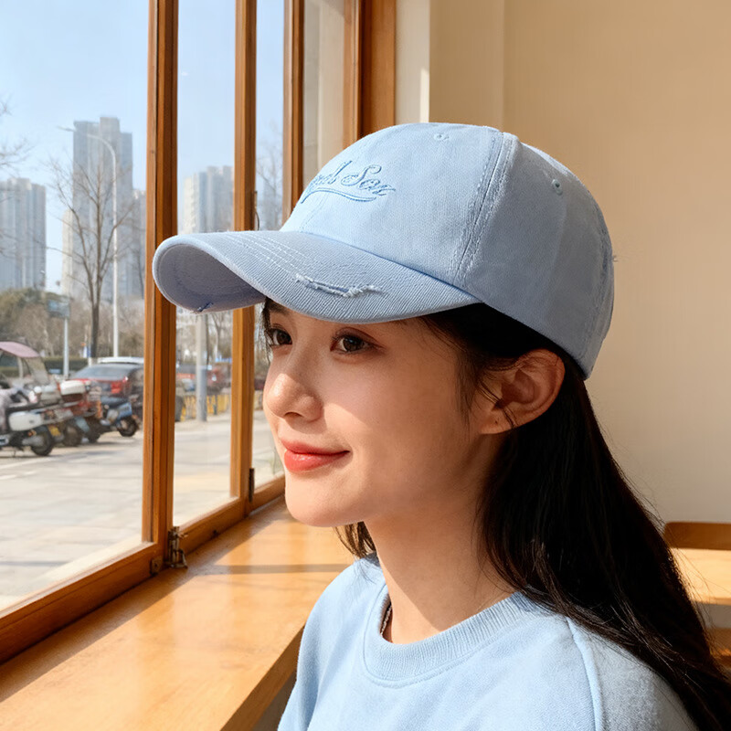 OEAI字母刺绣棒球帽女韩版时尚百搭紫色鸭舌帽宽帽檐大脸显脸小帽子潮 C5887破洞Red绣棒球帽 黑色 M （56-58cm）