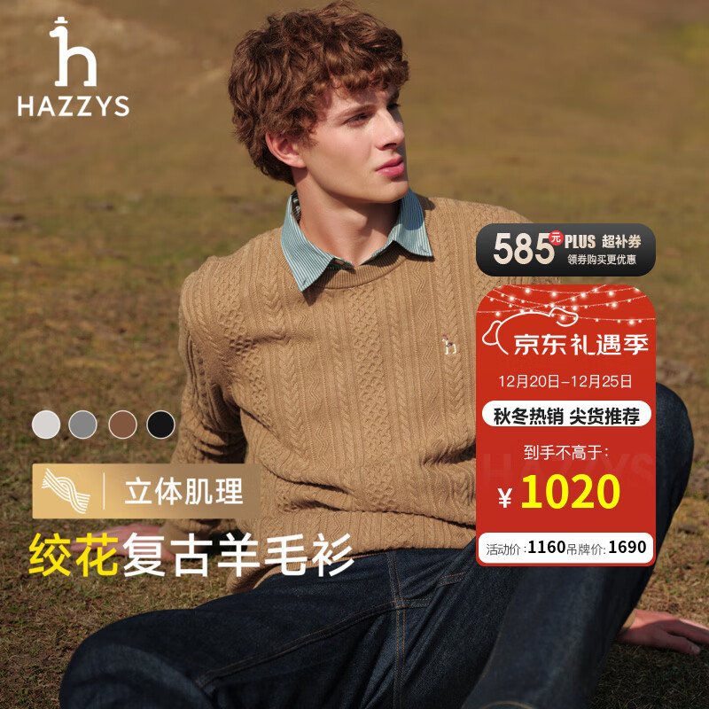 哈吉斯（HAZZYS）男装 秋冬款休闲绞花毛衣圆领棉/羊毛混纺针织衫男ABYZD0CCX30 卡其色KK L （175/96A 48）