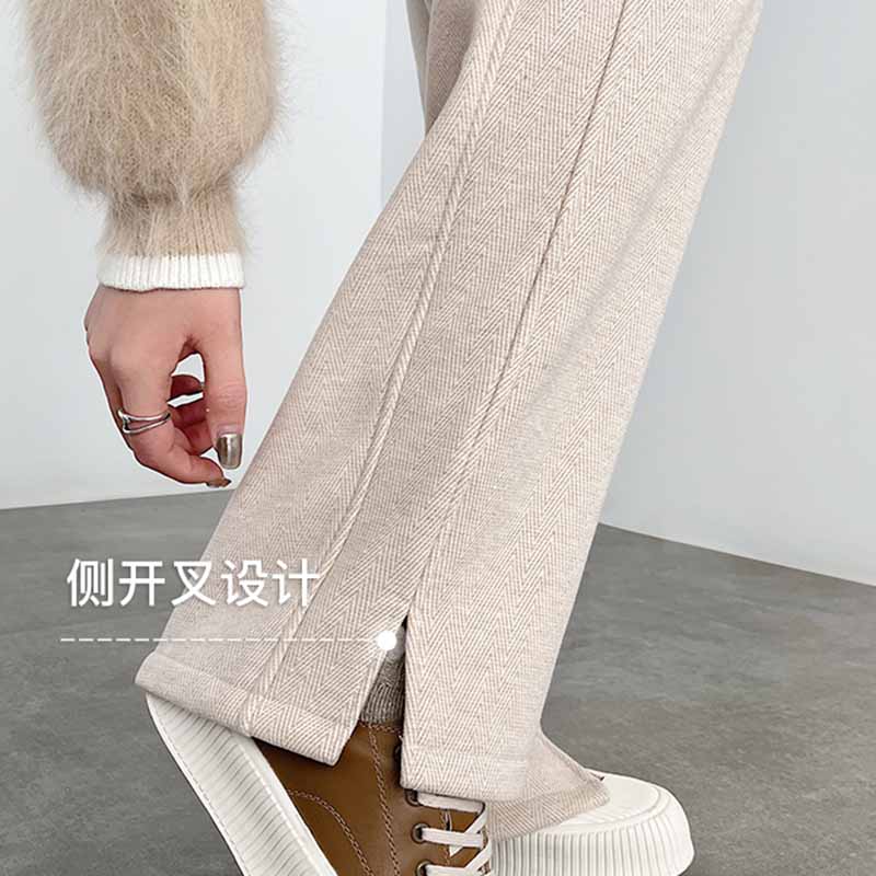 翊尚美羊毛毛呢阔腿裤女秋冬新款小个子垂感加绒休闲裤人字纹显瘦直筒裤 黑灰色 【羊毛更保暖加绒款】 L 【适合115-130斤】