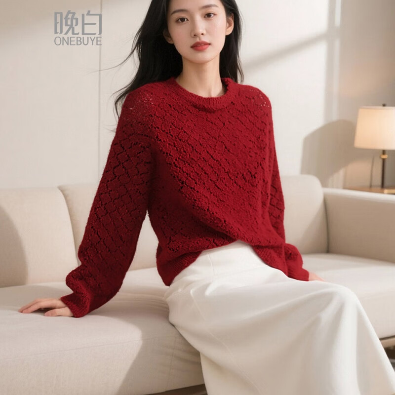晚白【新品】骐骥红冬款圆领毛衣软糯亲肤大码针织衫女 红色 M