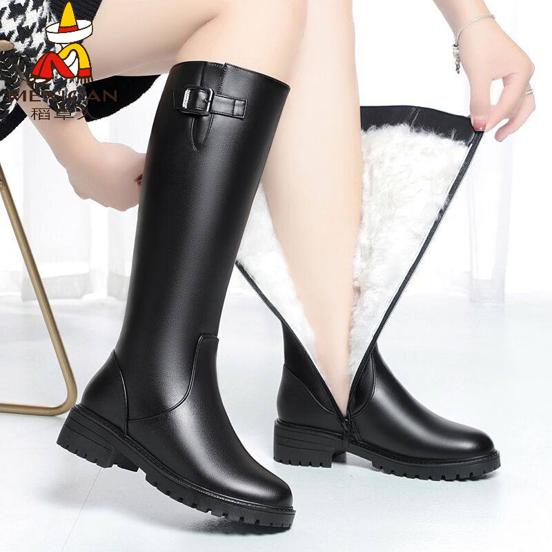 稻草人（MEXICAN）2026新款真皮女靴子冬季平底防滑加绒羊毛长筒中筒靴女棉鞋 黑色 35